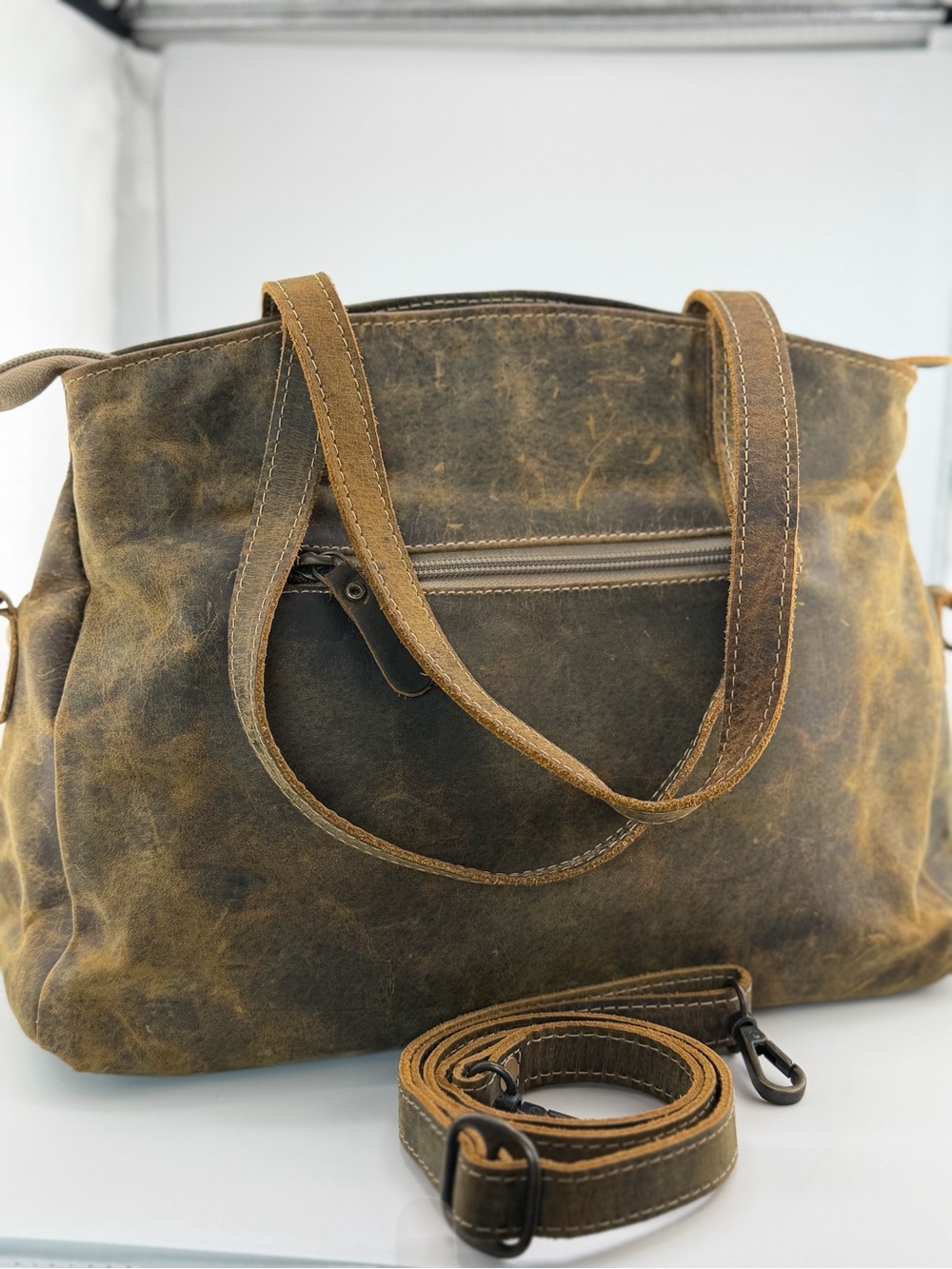 Myra Bag Brown Vintage Leather Tote Bag with Removable Strap - Picture 3 of 16